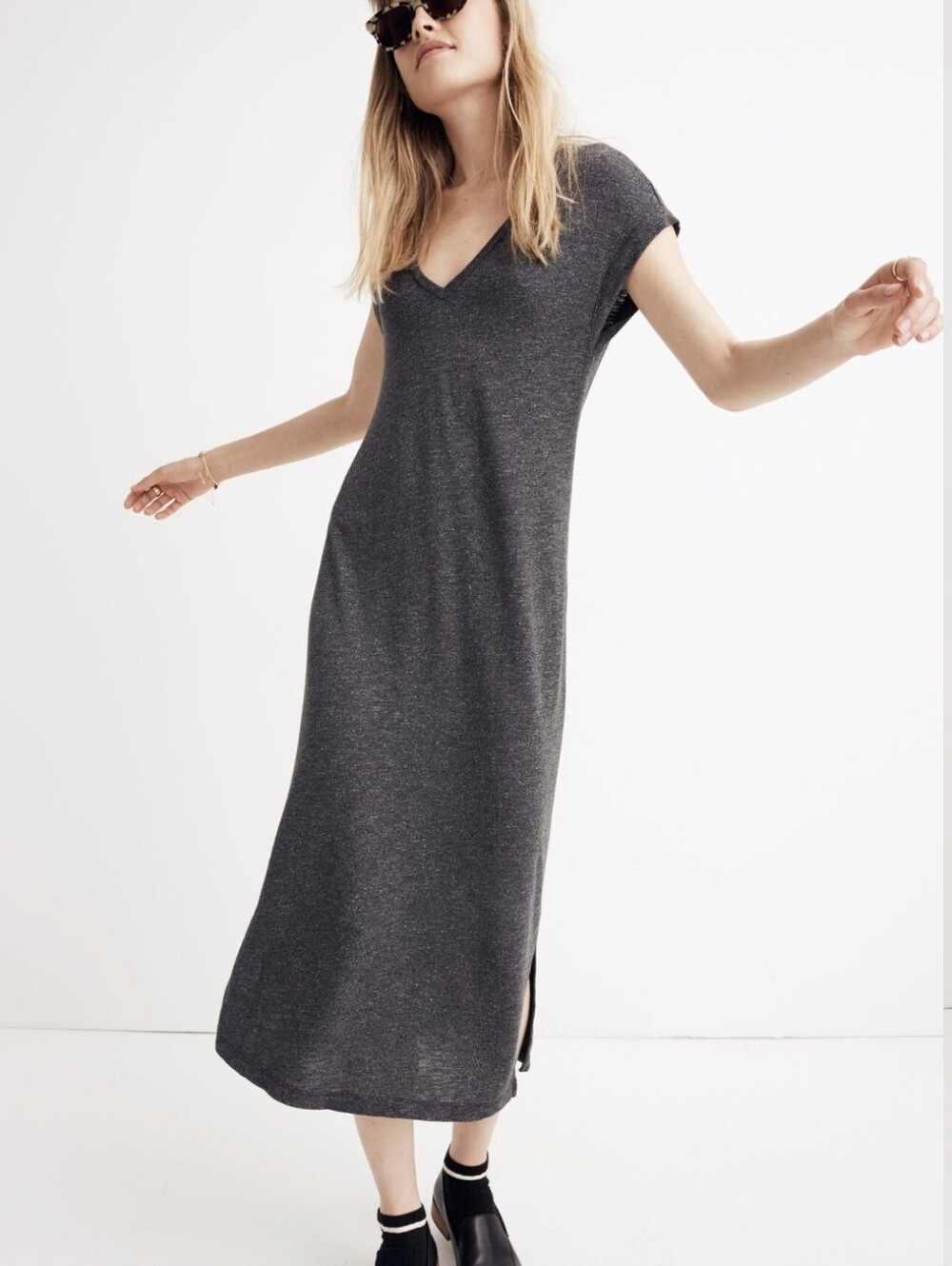 Madewell Horizon Gray V-Neck Short Sleeve Jersey Midi T-Shirt Dress Pullover